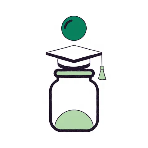 Graduation cap on a savings jar catching a coin, representing 529 and ABLE plans
