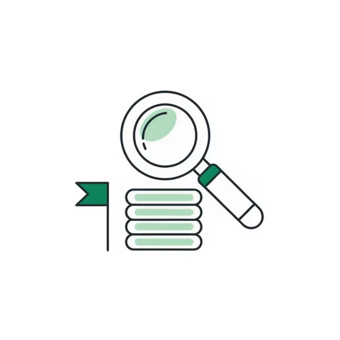 Magnifying glass over stacked coins with a flag marker, representing anti-money laundering