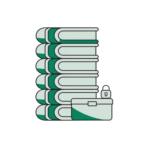 Stacked ledger books beside a padlocked archive box, representing books, records, and Regulation S-P