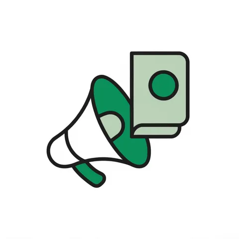 Megaphone beside a brochure with an approval seal, representing communications with the public