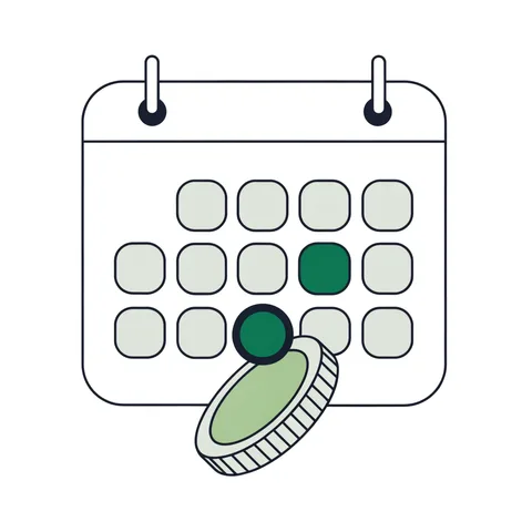 Wall calendar with a circled day and a falling coin, representing dividends and returns