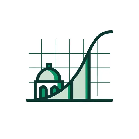 Yield curve rising over a grid beside a central bank dome, representing economic factors