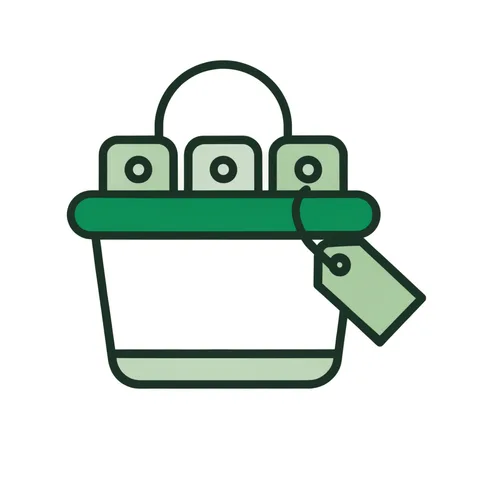 Shopping basket of stock certificates with a price tag, representing ETFs and closed-end funds