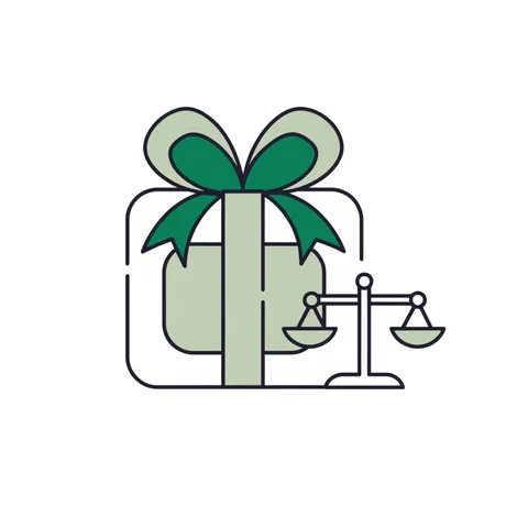 Wrapped gift box beside a small balance scale, representing gifts and gratuities limits