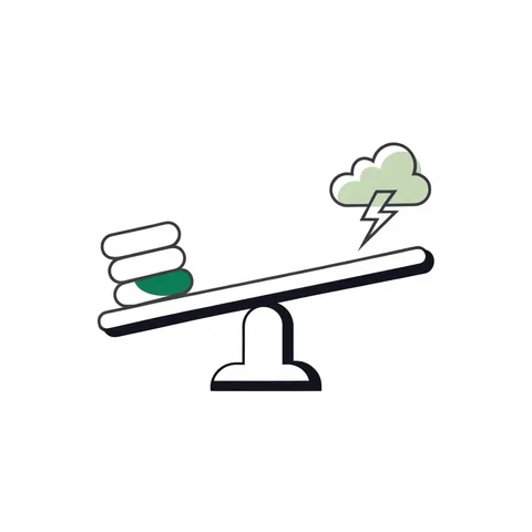 See-saw balancing stacked coins against a storm cloud, representing investment risks