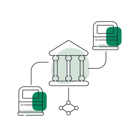 Exchange building wired to two trading booths, representing market structure and venues