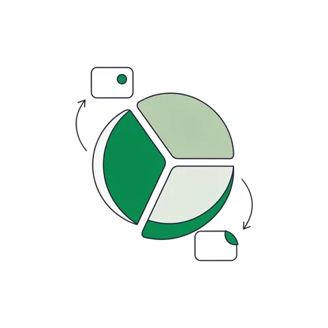Pie chart with small certificates flowing in along arrows, representing mutual funds