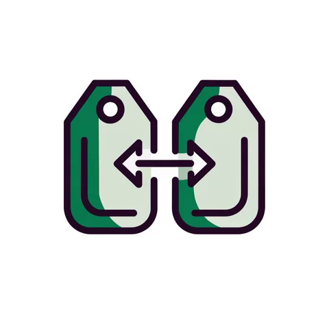 Two price tags facing across a double-headed arrow, representing quotes and bid-ask spreads