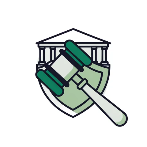 Gavel over a shield in front of a courthouse, representing securities regulators and SROs