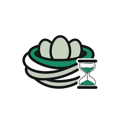 Nest holding three eggs beside a small hourglass, representing retirement accounts