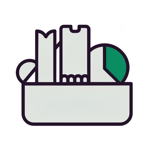 Toolbox holding a stock certificate, bond, and pie chart, representing products and risks