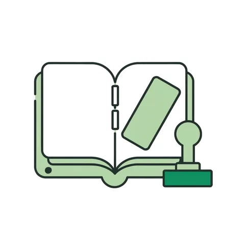 Open ledger with an order ticket and rubber stamp, representing trading and customer accounts