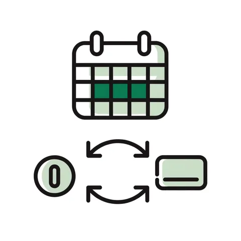 Calendar page above a coin and certificate swapping along arrows, representing trade settlement
