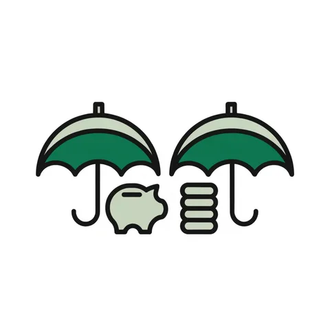 Two umbrellas sheltering a piggy bank and coins, representing SIPC and FDIC protection
