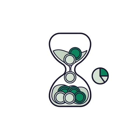 Hourglass with coins flowing through it beside a pie chart, representing variable annuities